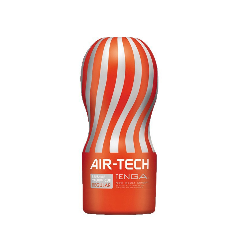 Reusable air-pressure male masturbator with striped outer shell, front view