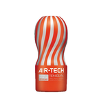 Reusable air-pressure male masturbator with striped outer shell, front view