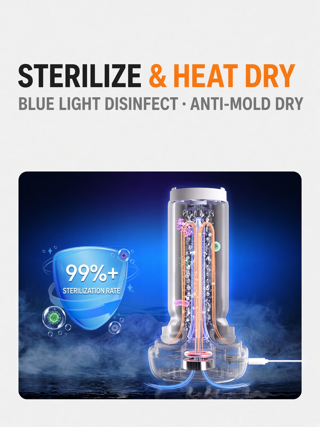 S2 Pro blue light sterilizing and heat drying feature illustration