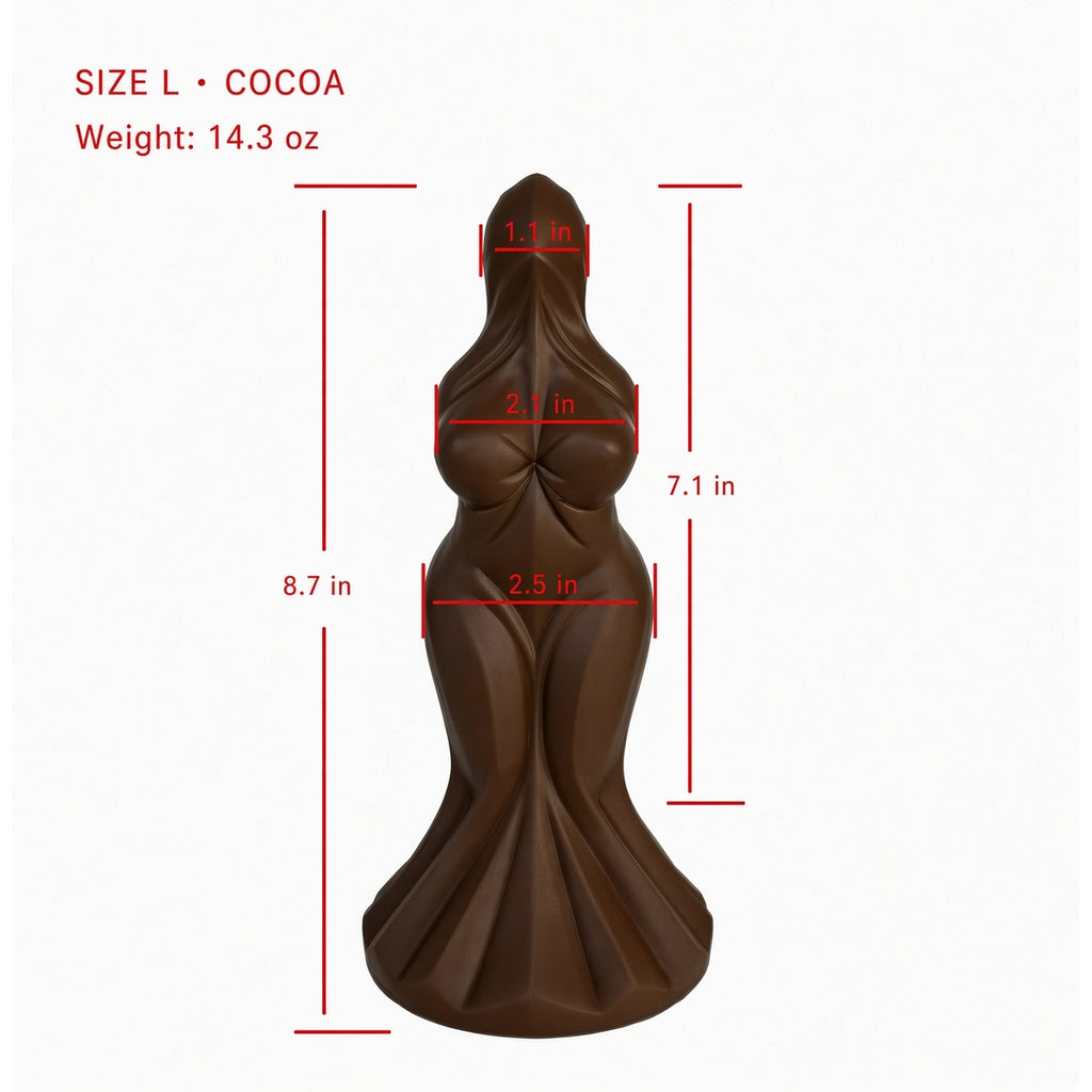 Coffee Large sculpted goddess-form curved silicone dildo size chart with 8.7 in overall height and 14.3 oz weight