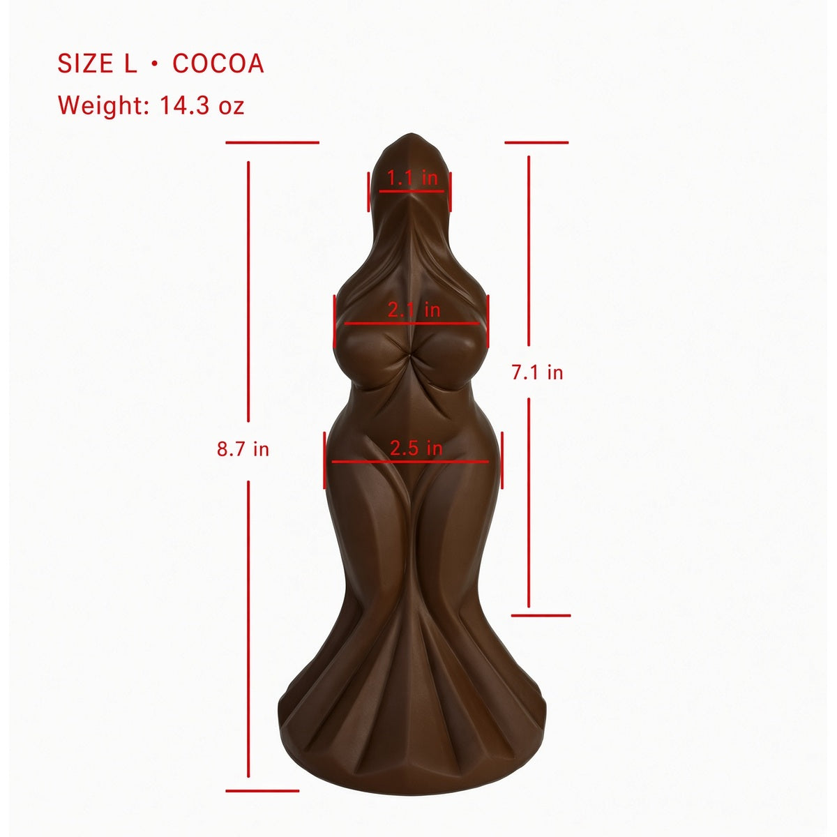 Coffee Large sculpted goddess-form curved silicone dildo size chart with 8.7 in overall height and 14.3 oz weight