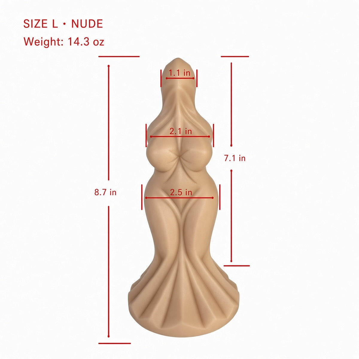 Skin Tone Large sculpted goddess-form curved silicone dildo size chart with 8.7 in overall height and 14.3 oz weight