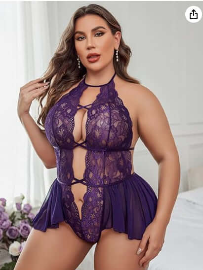 Sexy Plus Size Sheer Lace Deep V Neck Cross Halter Bodysuit Lingerie-purole one model dispiay