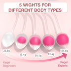 Crystalberry pink Strawberry Kegel Balls showing 5 progressive weights from 25.8g to 104.6g for different pelvic floor levels