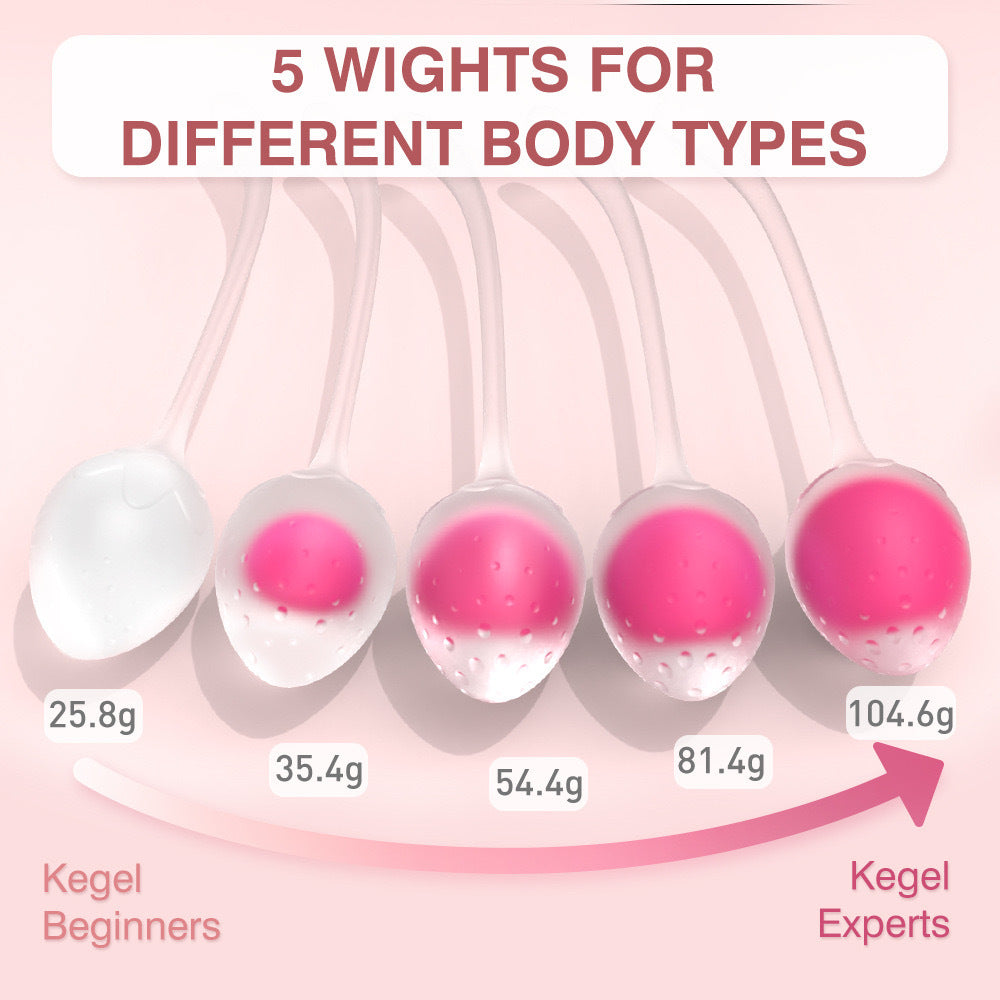 Crystalberry pink Strawberry Kegel Balls showing 5 progressive weights from 25.8g to 104.6g for different pelvic floor levels