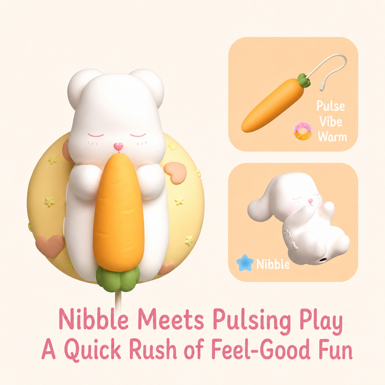 carrot attachment for kawaii bunny vibrator with pulse vibe and warm modes