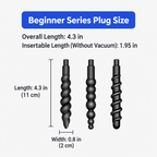 Beginner plug size: 4.3 inch overall length, 1.95 inch insertable length without vacuum, 0.8 inch width