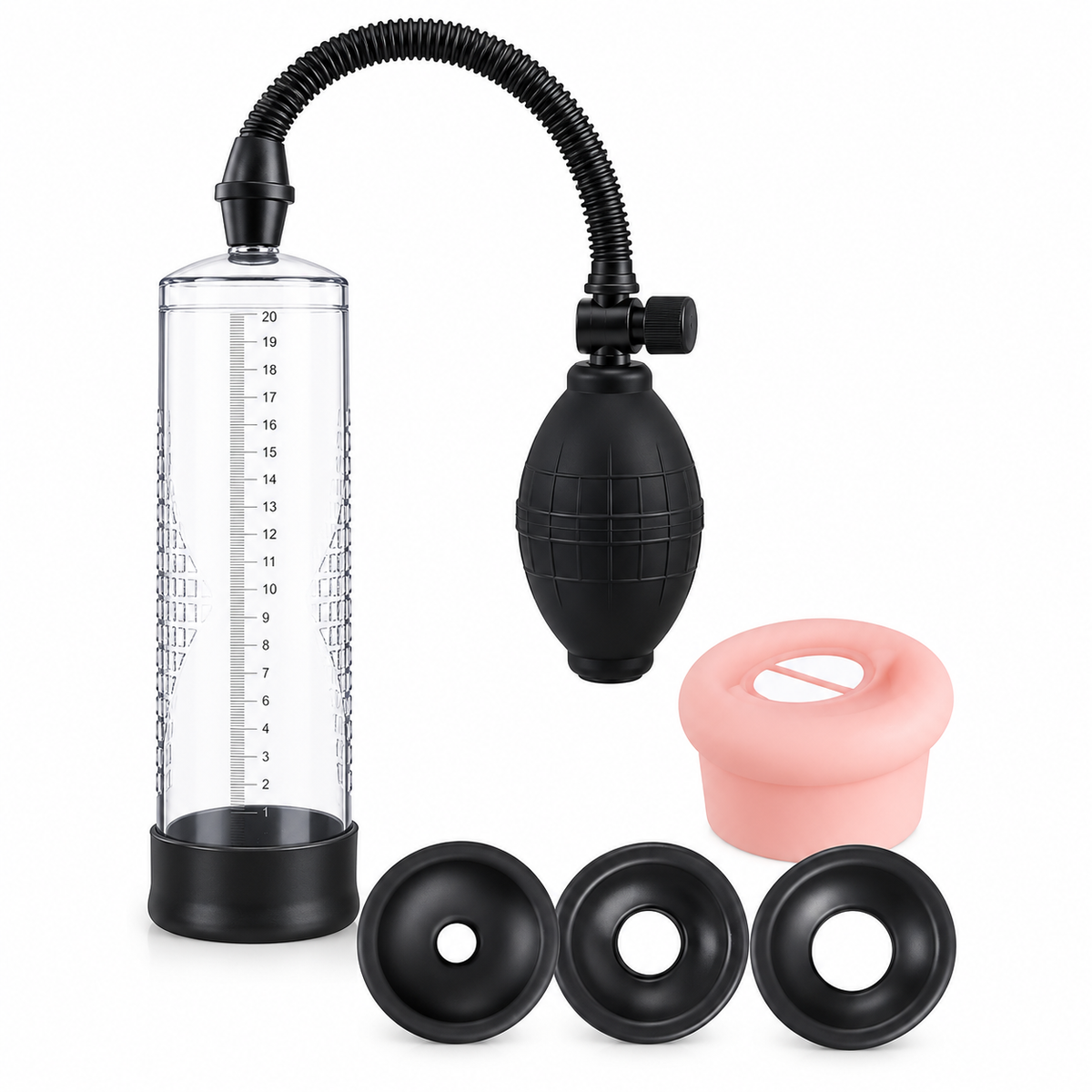 Squeeze bulb penis pump kit with S M L rings and soft sleeve