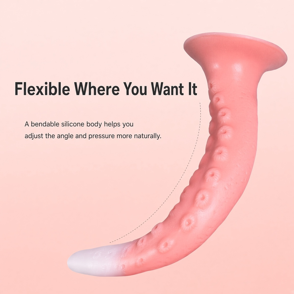 Flexible tentacle dildo bent to show adjustable silicone body