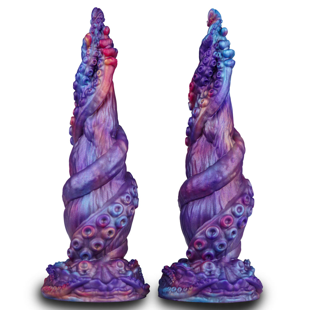Two angled views of the tentacle fantasy dildo showing sculpted spiral texture