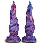 Two angled views of the tentacle fantasy dildo showing sculpted spiral texture