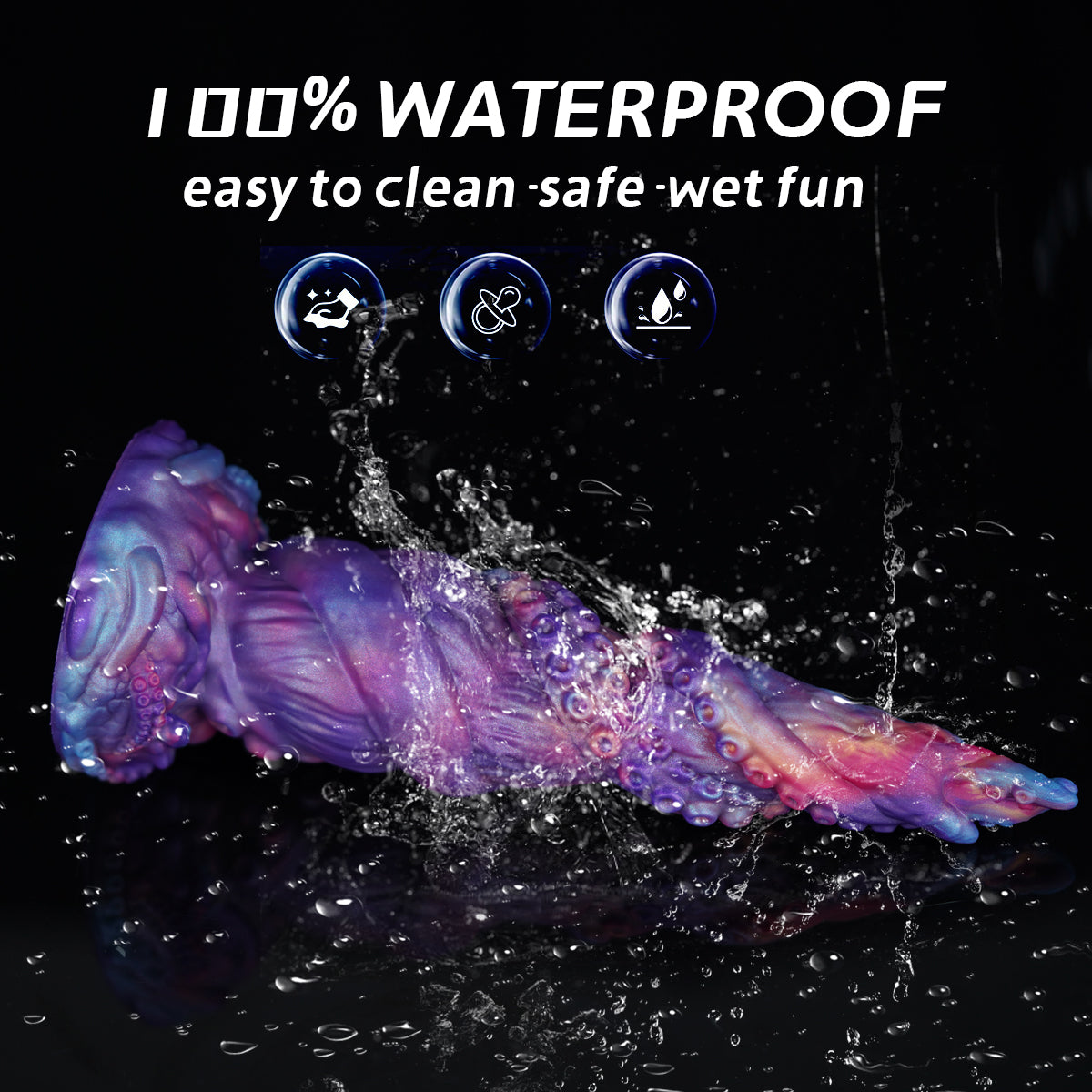Tentacle fantasy dildo easy-rinse care graphic with water splash
