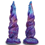 Paired front views of tentacle fantasy dildo with marbled blue purple and pink coloring