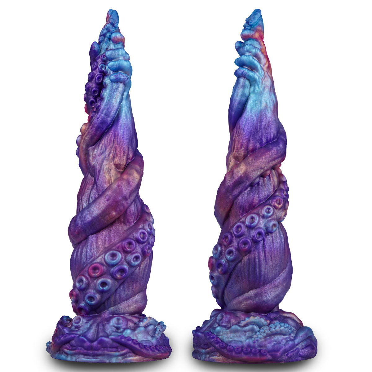 Paired front views of tentacle fantasy dildo with marbled blue purple and pink coloring