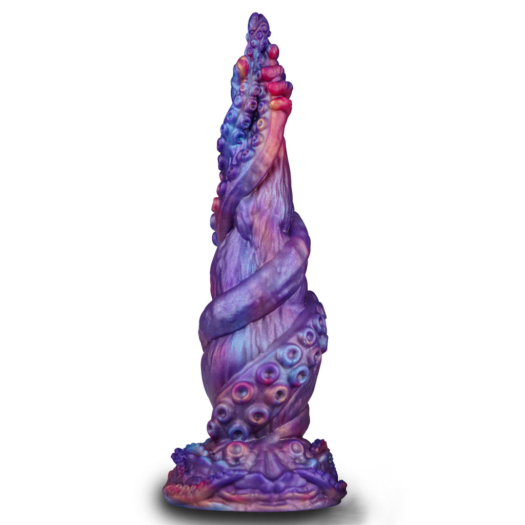 Side view of twisted tentacle fantasy dildo with raised sucker details