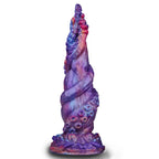 Side view of twisted tentacle fantasy dildo with raised sucker details