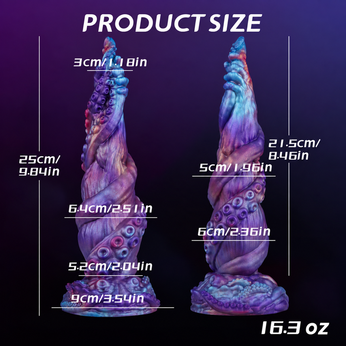 Tentacle fantasy dildo size guide with inch measurements and 16.3 oz weight
