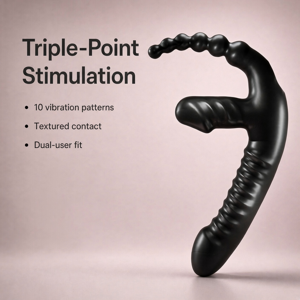 Wrapped Tail strapless double-ended vibrator with triple-point stimulation features