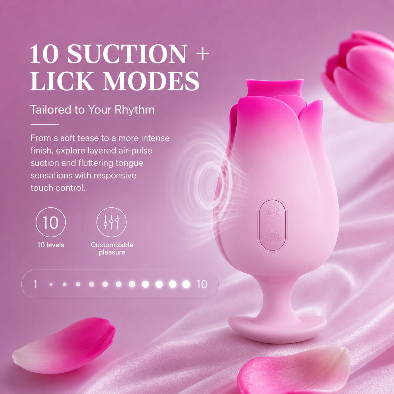 Tulip vibrator with 10 suction and tongue-lick modes