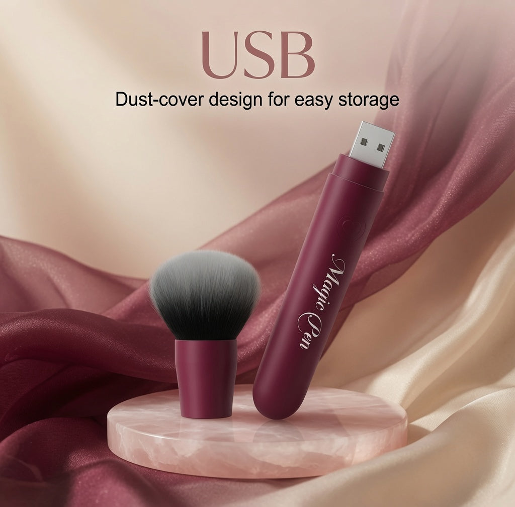 Rechargeable makeup brush vibrator displayed with charging cable and protected charging connection
