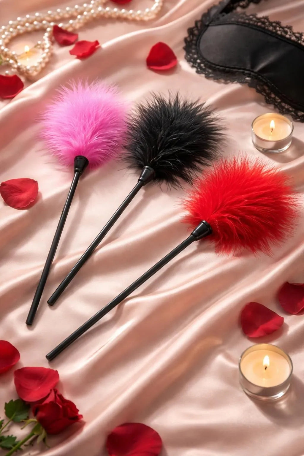 Multicolor Flirting Feather Stick -all colors display-pink black red 