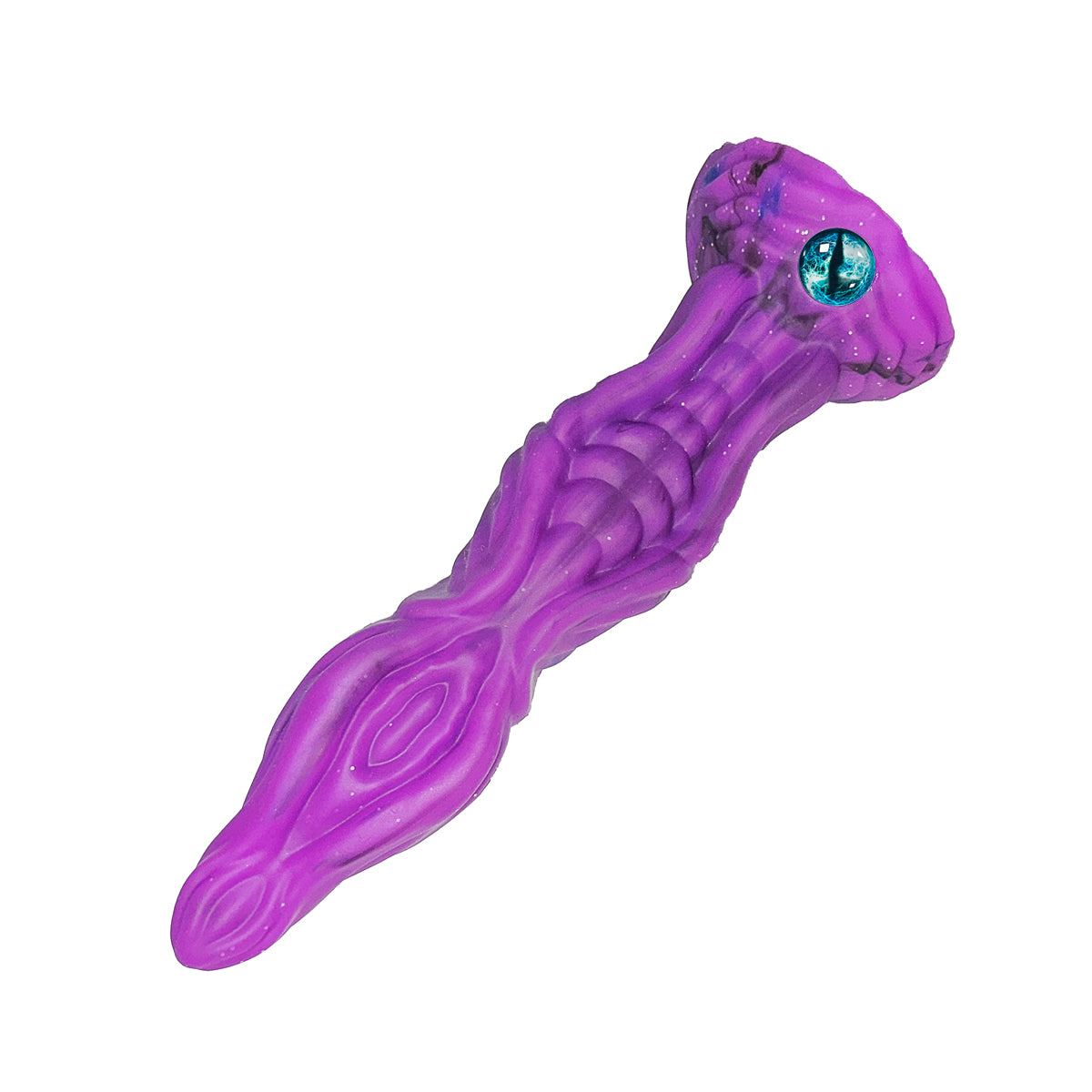 Purple sculpted fantasy dildo angled view showing layered surface detail