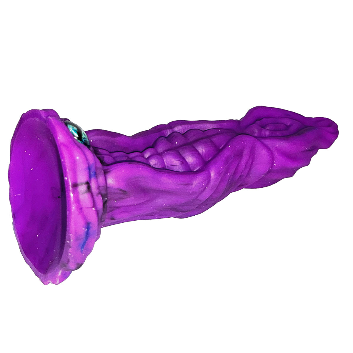 Purple sculpted fantasy dildo laid on its side showing broad suction base