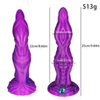 Purple sculpted fantasy dildo front and back size comparison