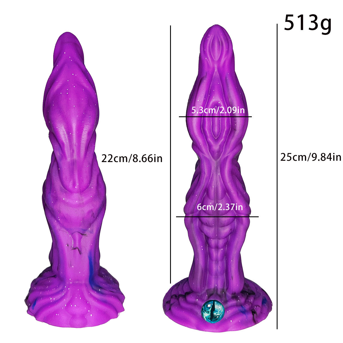 Purple sculpted fantasy dildo front and back size comparison