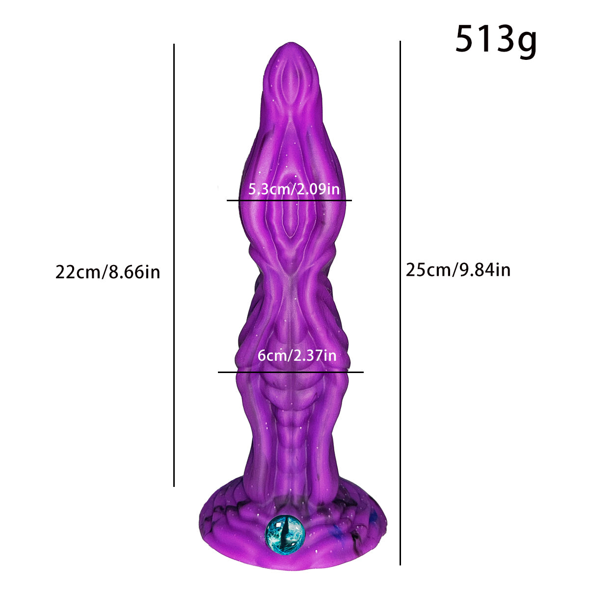 Purple sculpted fantasy dildo dimensions and 513 gram weight