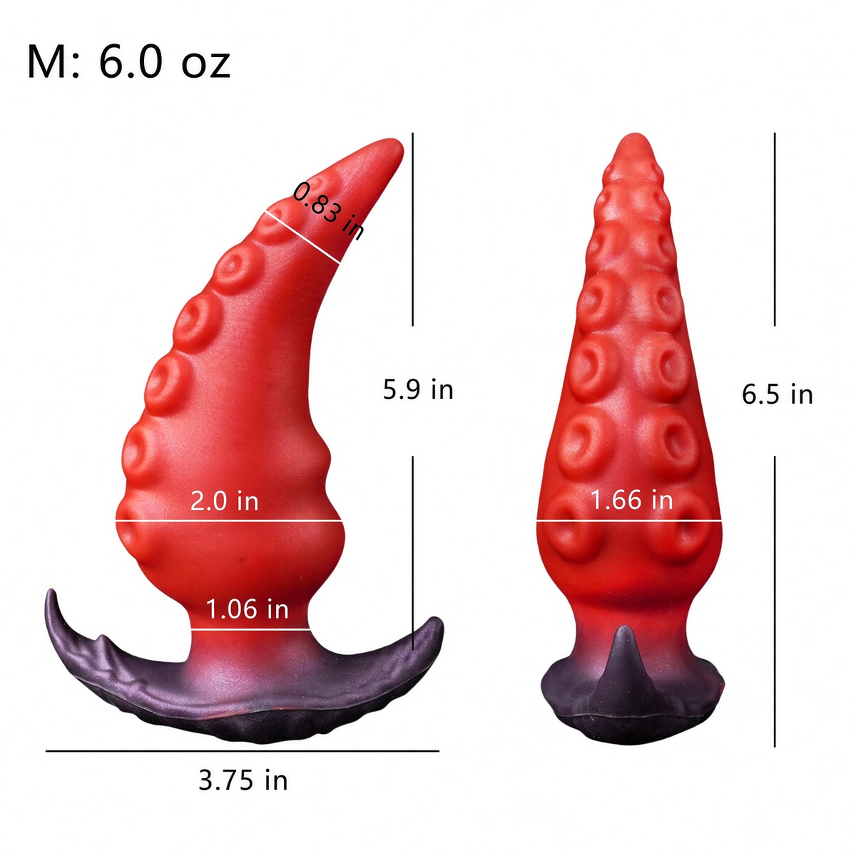 Medium red textured tentacle butt plug size guide with dimensions in inches and 6.0 oz weight