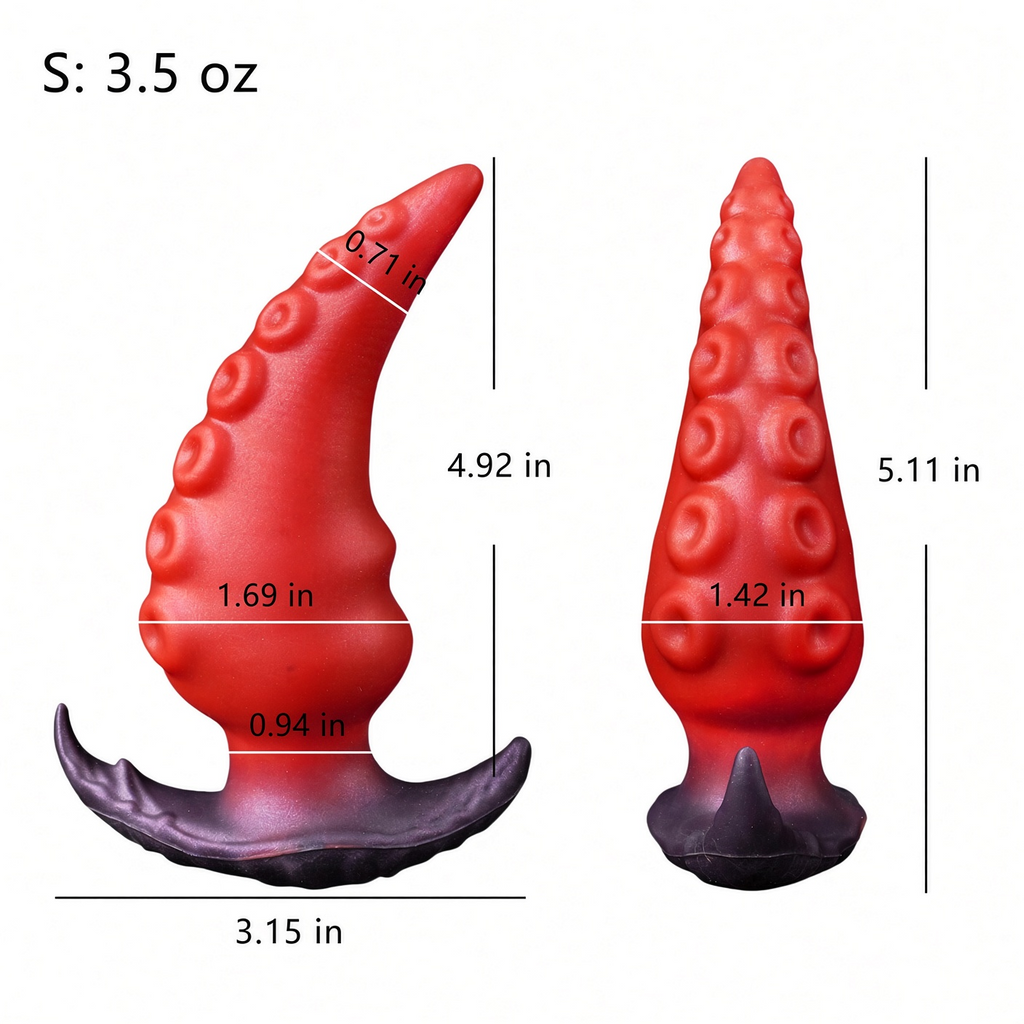 Small red textured tentacle butt plug size guide with dimensions in inches and 3.5 oz weight