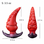 Small red textured tentacle butt plug size guide with dimensions in inches and 3.5 oz weight