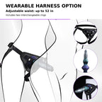 Wearable harness fit guide showing adjustable waist up to 52 inches