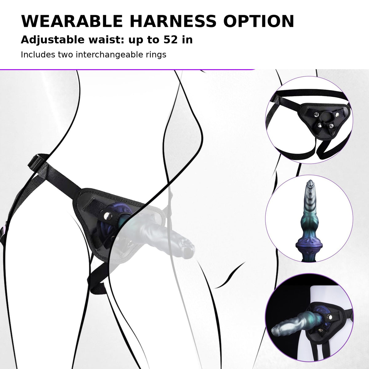 Wearable harness fit guide showing adjustable waist up to 52 inches