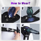 Four-step guide showing how to attach the fantasy dildo to the wearable harness