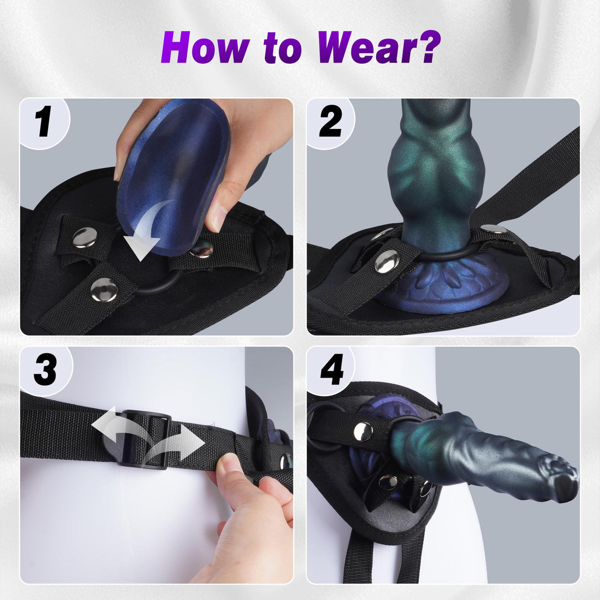 Four-step guide showing how to attach the fantasy dildo to the wearable harness
