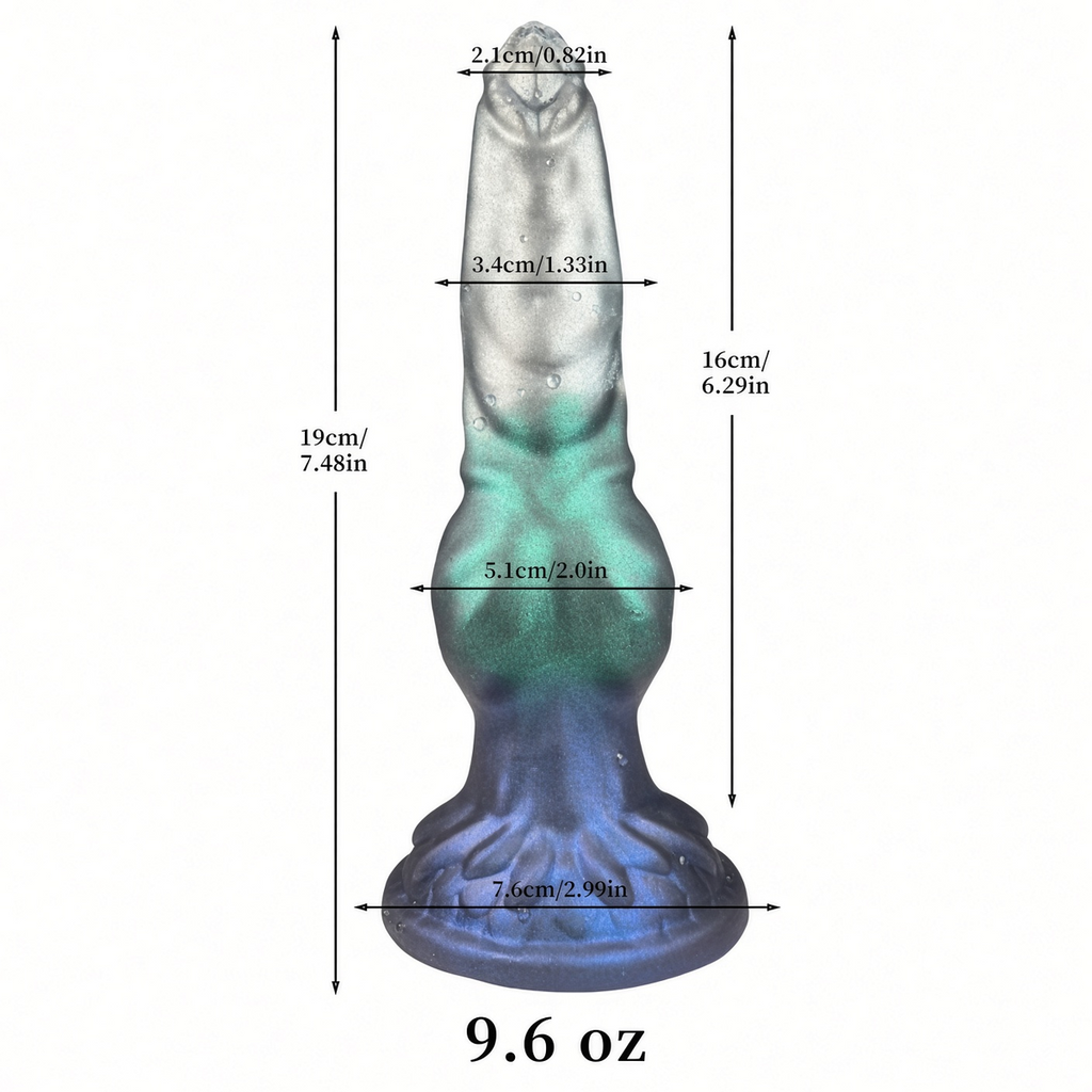 Fantasy canine silicone dildo size guide with US-friendly measurements and 9.6 oz weight