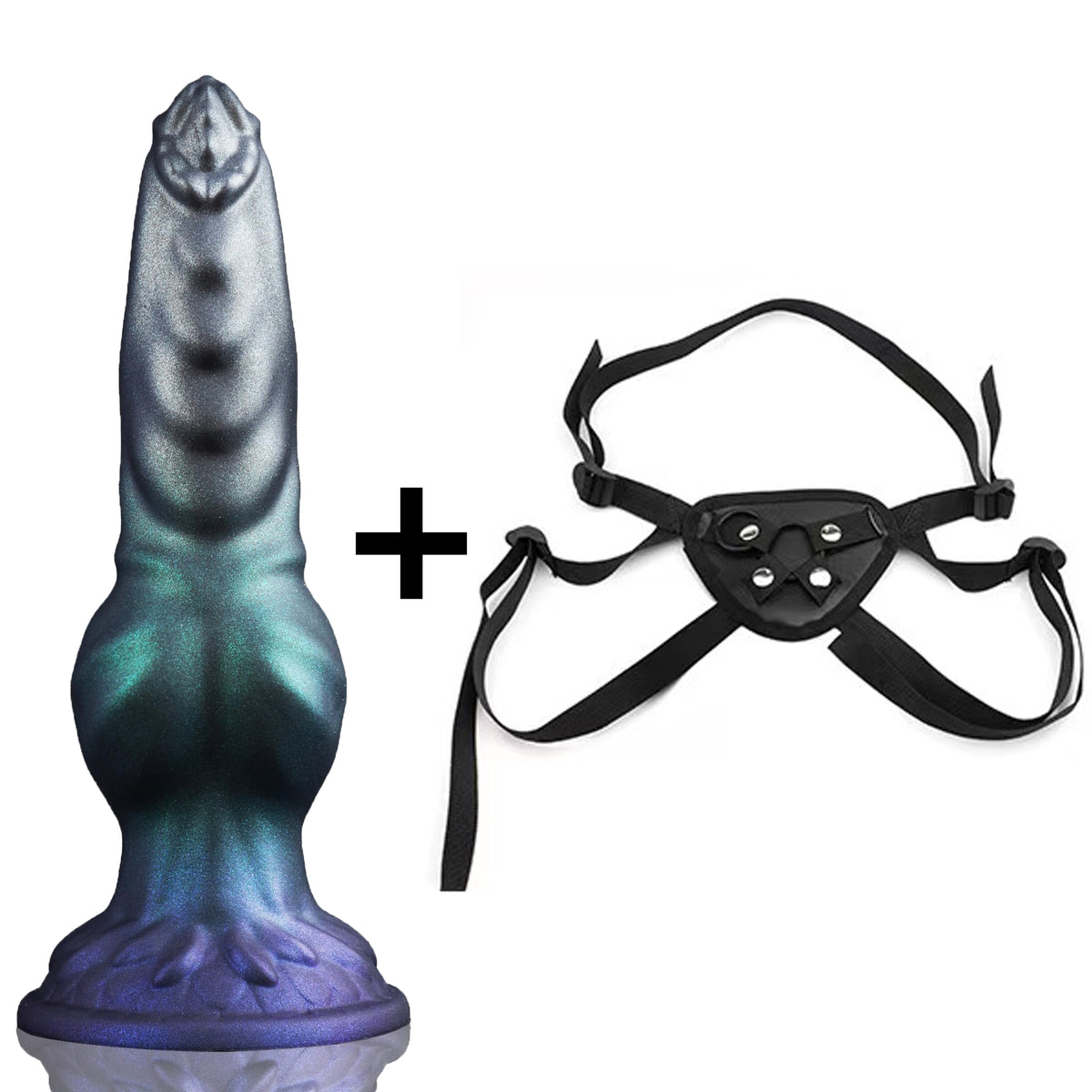 Fantasy silicone dildo shown with optional wearable harness bundle