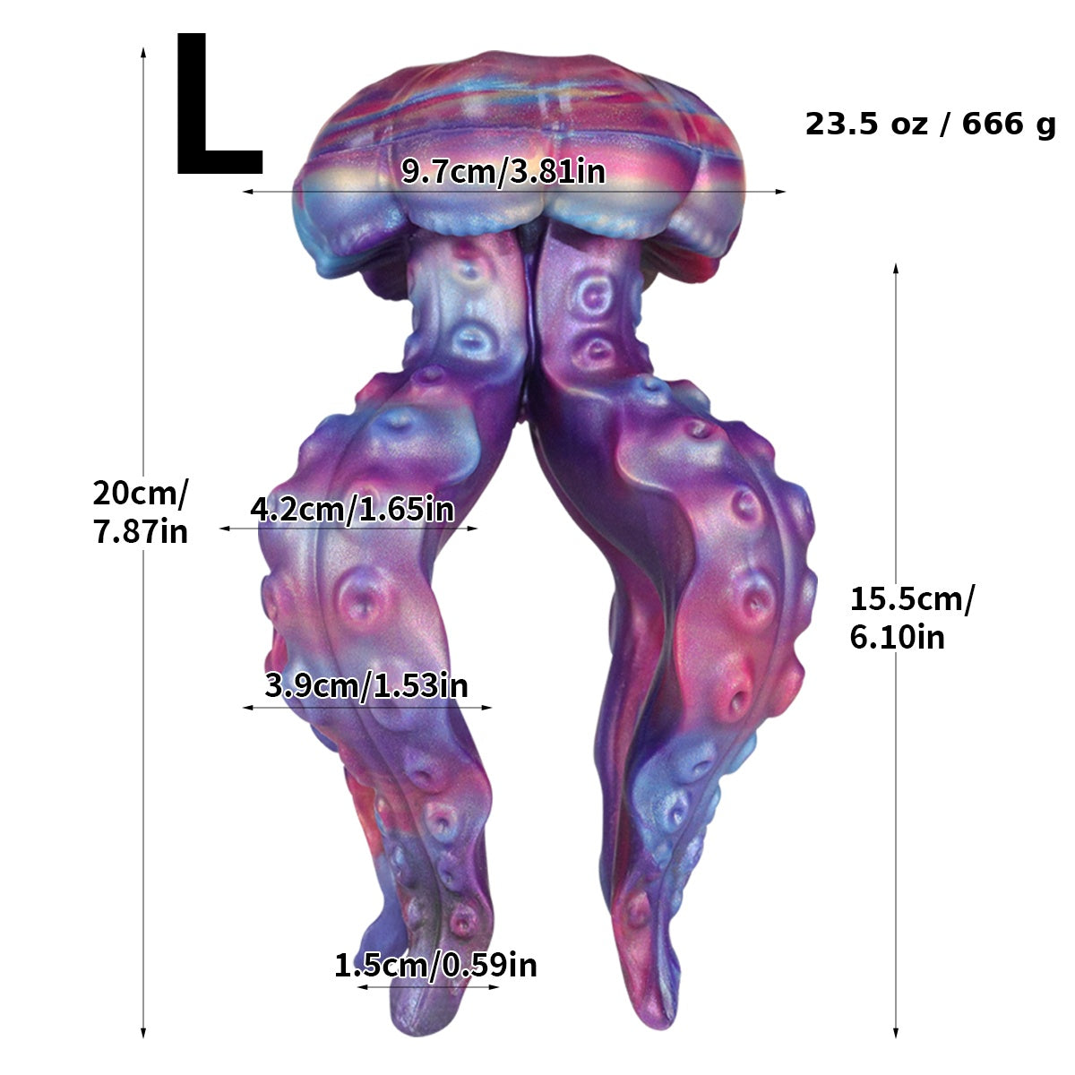 Large YX-GS312 jellyfish tentacle silicone butt plug size chart with US-first weight 23.5 oz / 666 g