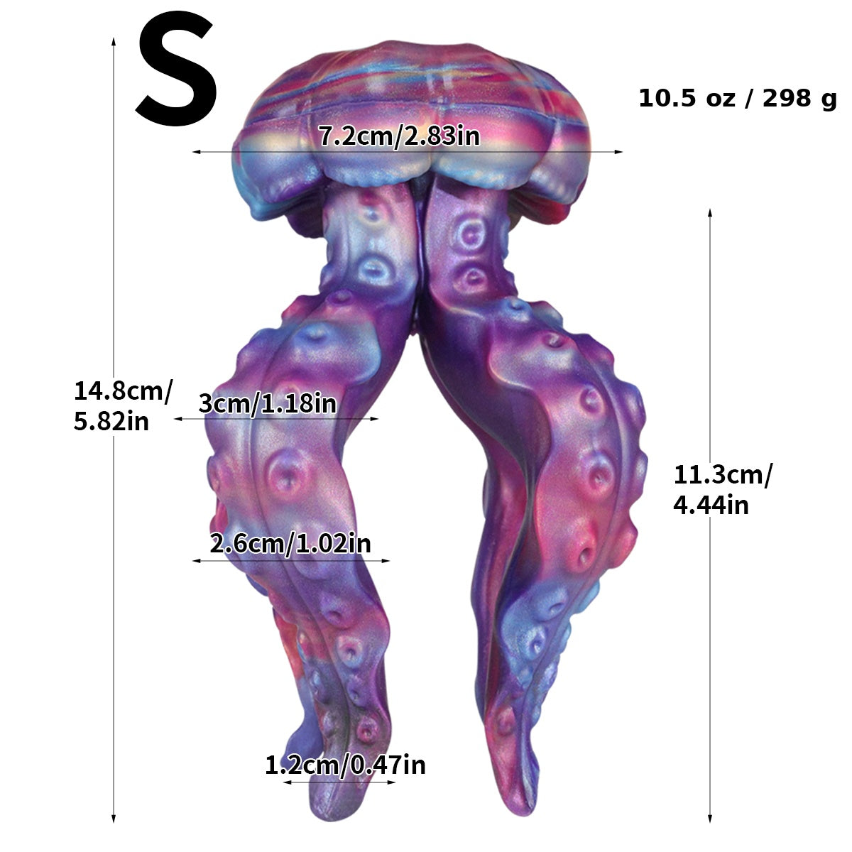 Small YX-GS312 jellyfish tentacle silicone butt plug size chart with US-first weight 10.5 oz / 298 g