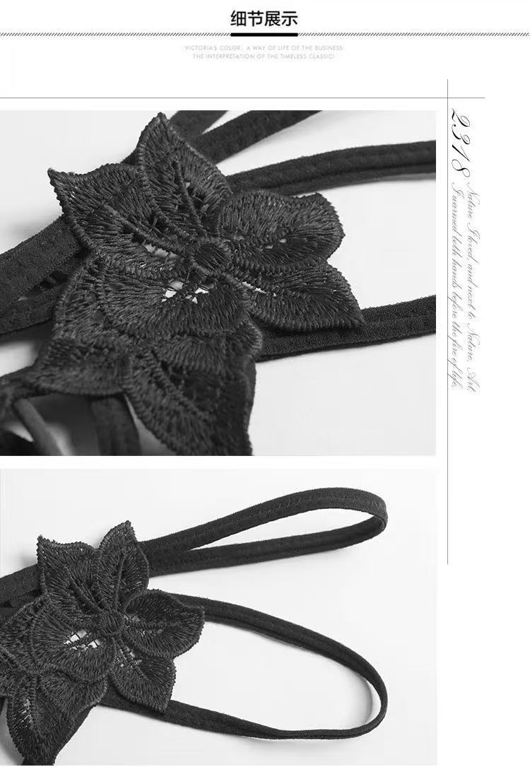 Black floral lace pearl-accent thong alternate product image