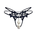 Black floral lace open-crotch thong with faux pearl bead detail, front product view